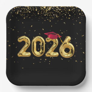 Graduation 2025 Gold Balloons and Red Cap Paper Plate