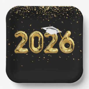 Graduation 2025 Gold Balloons and White Cap Paper Plate