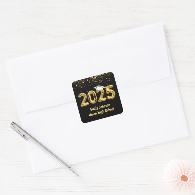 Graduation 2025 Gold Balloons and White Cap Square Sticker (Envelope)