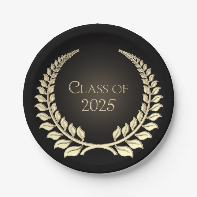 Graduation 2025 Gold Laurel Wreath On Black Paper Plate (Front)