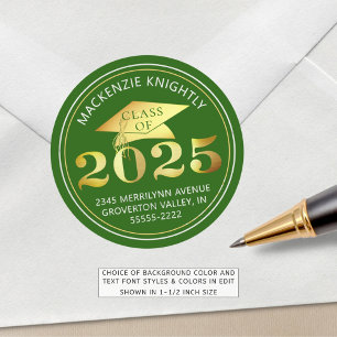 Graduation 2025 Green Faux Gold Return Address Classic Round Sticker