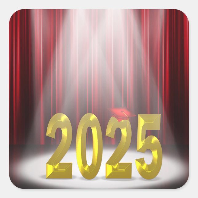 Graduation 2025 in Spotlight With Red Curtains Square Sticker (Front)