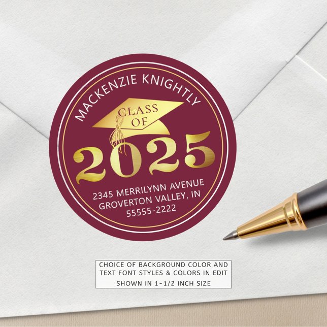 Graduation 2025 Maroon Faux Gold Foil Address Classic Round Sticker (Creator Uploaded)