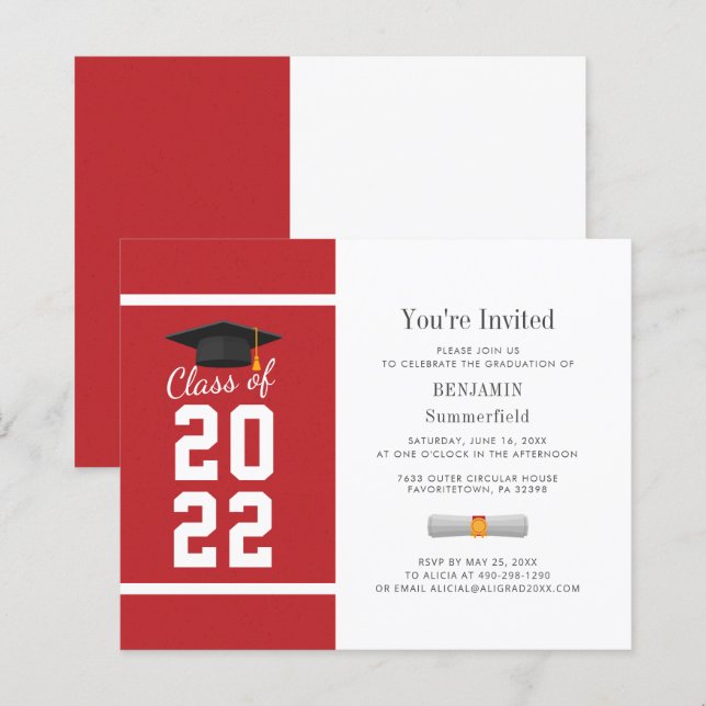 Graduation 2025 Minimalist Red White Invitation (Front/Back)