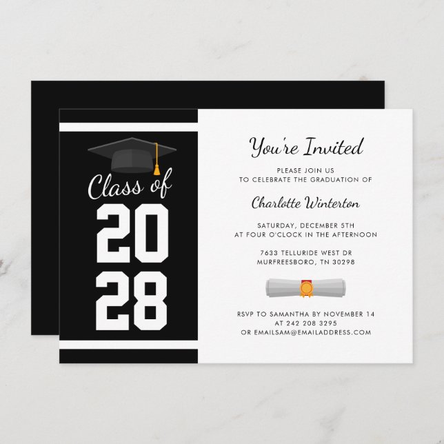 Graduation 2025 Modern Black White Grad Party Invitation (Front/Back)