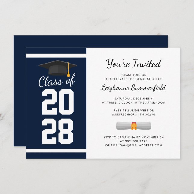 Graduation 2025 Modern Navy Blue Grad Party Invitation (Front/Back)