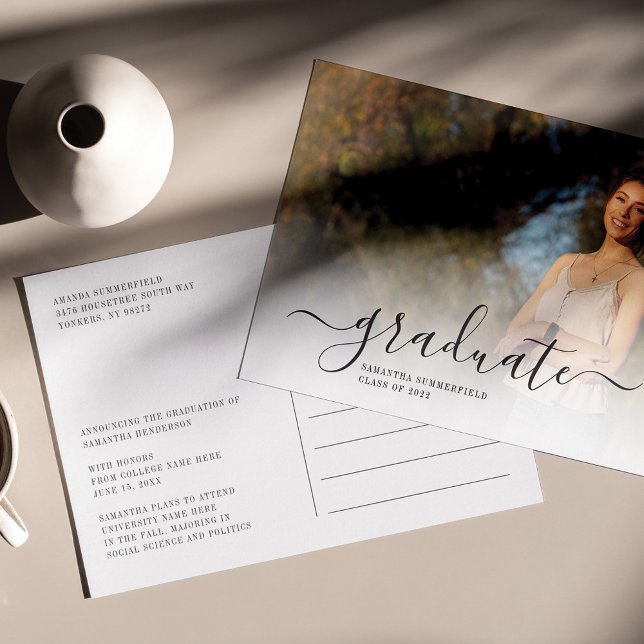 Graduation 2025 Modern Photos Grad Announcement Postcard (Script 2024 Graduation Photo Announcement Postcard)