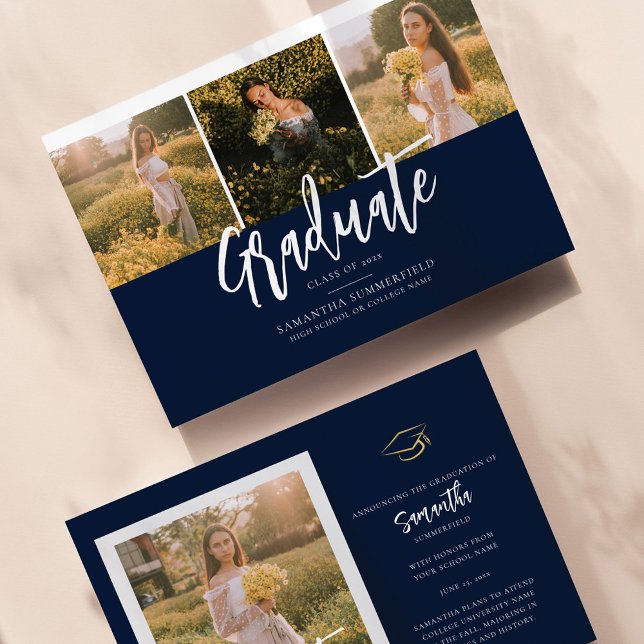 Graduation 2025 Navy Blue and White Script Announcement (Class of 2024 Graduation Announcement Photo Collage)