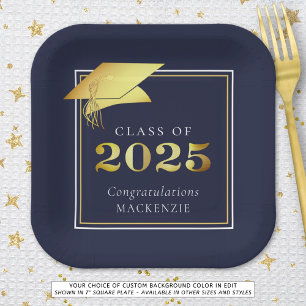 Graduation 2025 Navy Blue Faux Metallic Gold Paper Plate