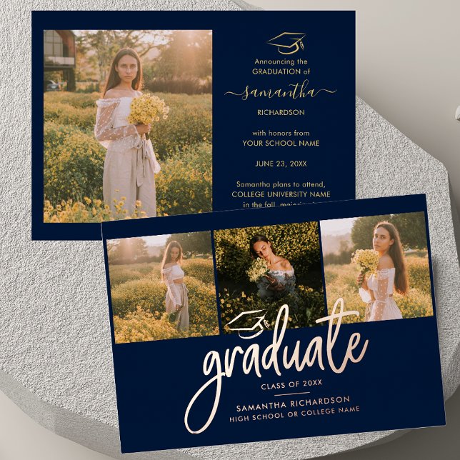 Graduation 2025 Navy Blue Photo Collage Rose Gold (Graduation 2025 Navy Blue Photo Collage Rose Gold Foil Invitation)