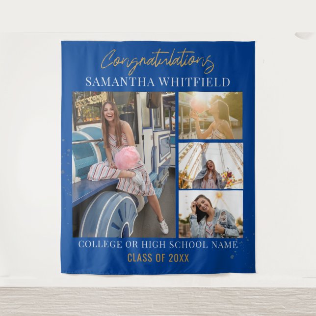 Graduation 2025 Photo Collage Blue Backdrop Tapestry (Front)