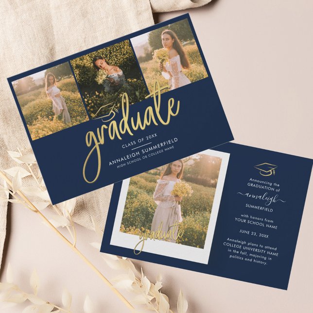 Graduation 2025 Photo Collage Grad Announcement (Graduation 4 Photos Grad Navy Blue Announcement)