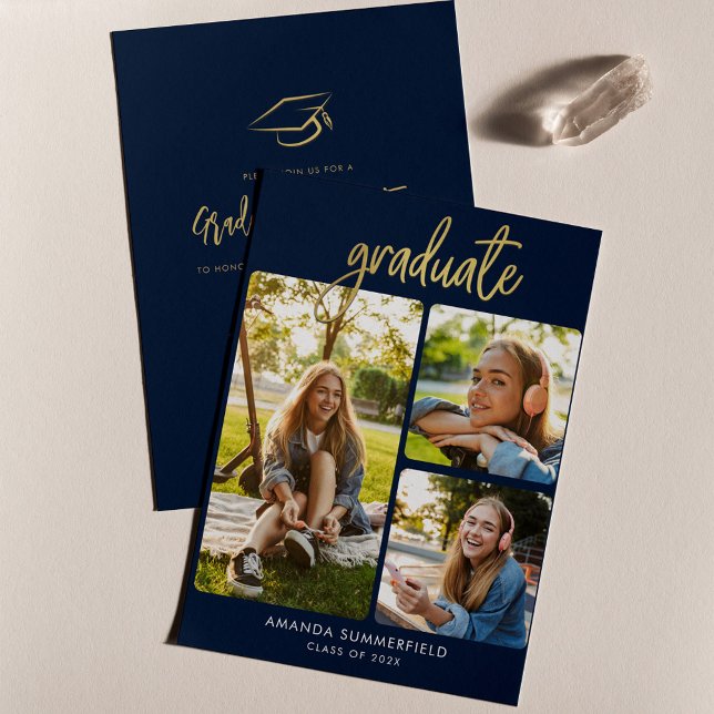 Graduation 2025 Photo Collage Navy Blue Grad Party Invitation (Graduate Photos Graduation 2024 Party Invitation)