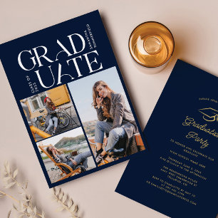Graduation 2025 Photo Collage Navy Blue Grad Party Invitation