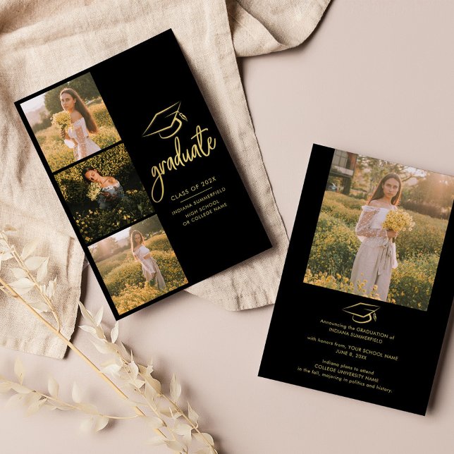 Graduation 2025 Photo Collage Script Grad Announcement (Graduation Multi Photo Gold Script 2024 Announcement)