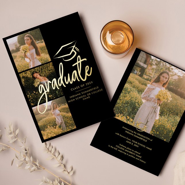 Graduation 2025 Photo Gold Foil Announcement (Graduation 2024 Photo Collage Black Script Announcement)