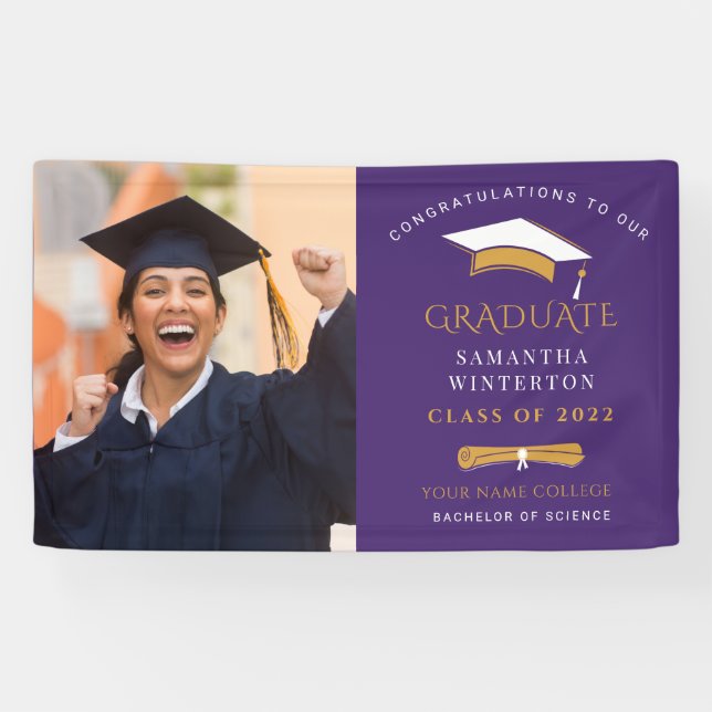 Graduation 2025 Photo Gold Purple Grad Party Banner (Horizontal)