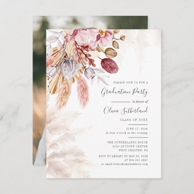 Graduation 2025 Photo Pampas Grass Graduate Party Invitation (Front/Back)