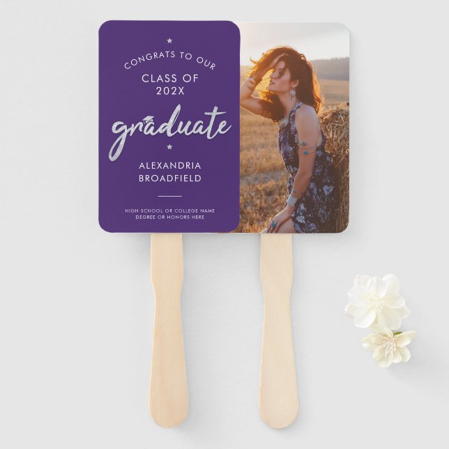 Graduation 2025 Photo Purple Grad Party Hand Fan (Front and Back)