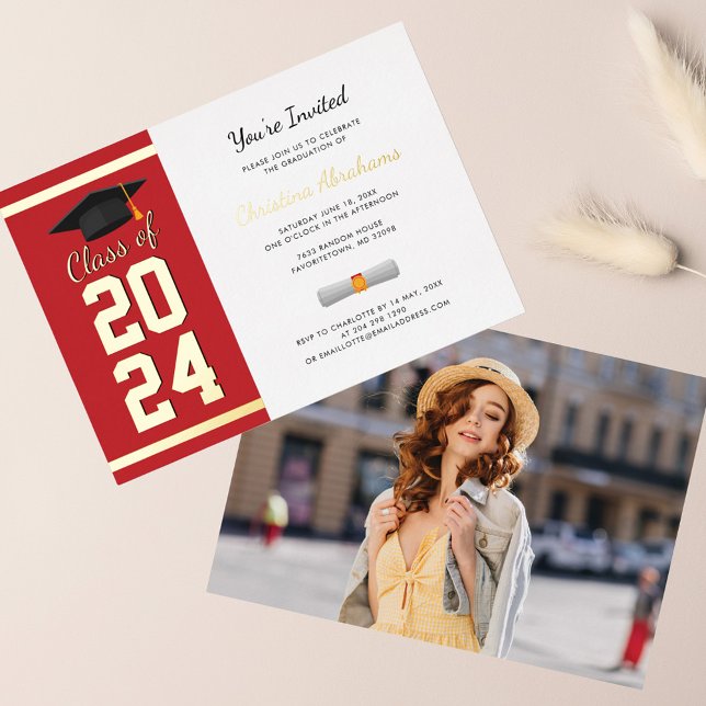 Graduation 2025 Photo Red Script Grad Party Gold (Graduation Party Photo Gold Foil Invitation)
