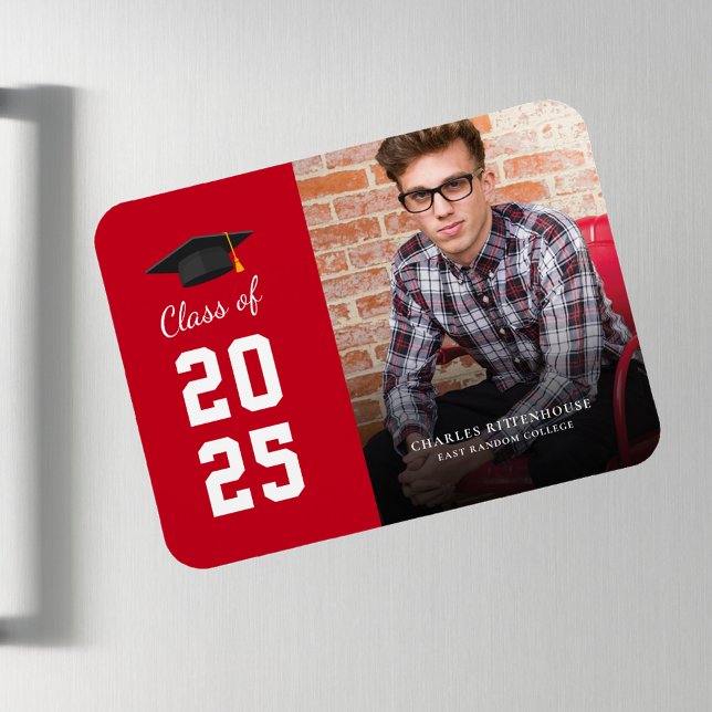 Graduation 2025 Photo Red White Grad Announcement Magnet (Graduation Photo Announcement Magnet Card.)