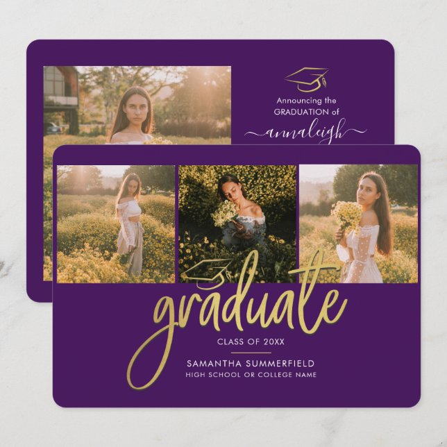 Graduation 2025 Photo Script Purple Grad Party Announcement (Front/Back)
