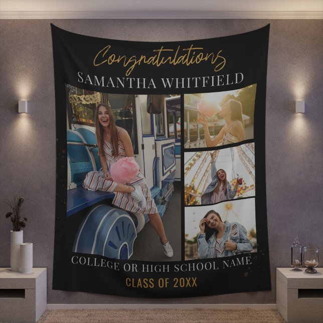Graduation 2025 Photos Black Backdrop Photobooth Tapestry (Graduation Party Photo Collage Black Wall Tapestry)
