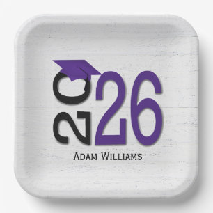 Graduation 2025 Purple and Black On Wood Paper Plate