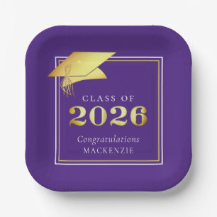 Graduation 2025 Purple Faux Metallic Gold Paper Plate