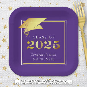Graduation 2025 Purple Faux Metallic Gold Paper Plate