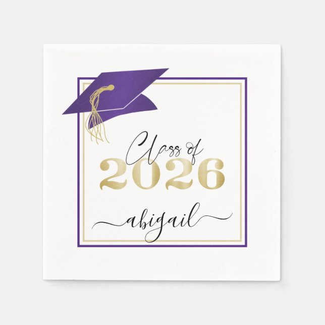 Graduation 2025 Purple Gold Script Napkin (Front)