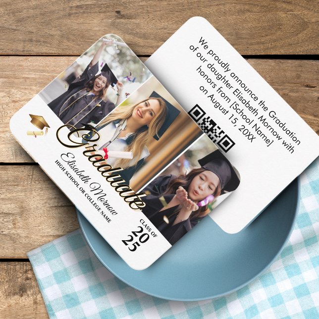 Graduation 2025 QR Code Announcement Card - 3 Phot (Graduation 2024 QR Code Announcement Card - 3 Photo Collage)