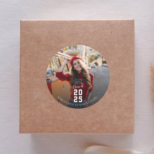 Graduation 2025 Red Photo Grad Party Classic Round Sticker
