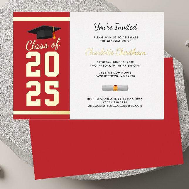 Graduation 2025 Red Script Grad Party Gold (Graduation 2025 Red Gold Foil Party Invitation Card)