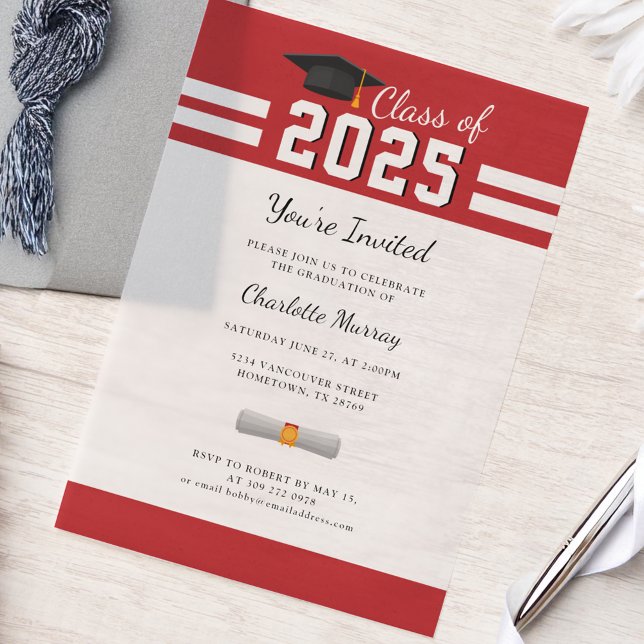 Graduation 2025 Red White Gard Party Vellum Invitations (Graduation 2025 Red and White Typography Invitation)