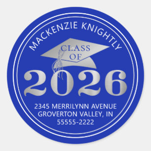 Graduation 2025 Royal Blue Silver Return Address Classic Round Sticker