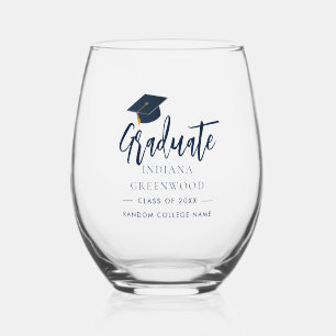 Graduation 2025 Script Navy Blue Personalised Stemless Wine Glass