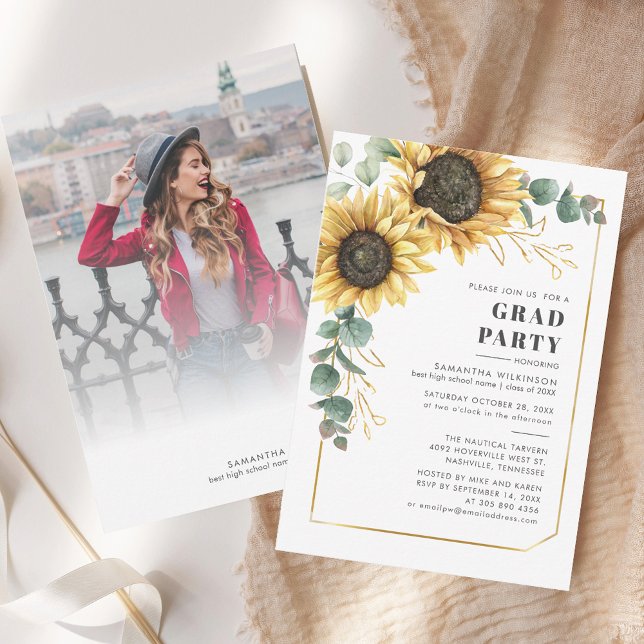 Graduation 2025 Sunflower Floral Party Invitation (Modern Graduate Photo Graduation Party Invitation)
