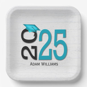 Graduation 2025 Teal and Black On Wood Paper Plate