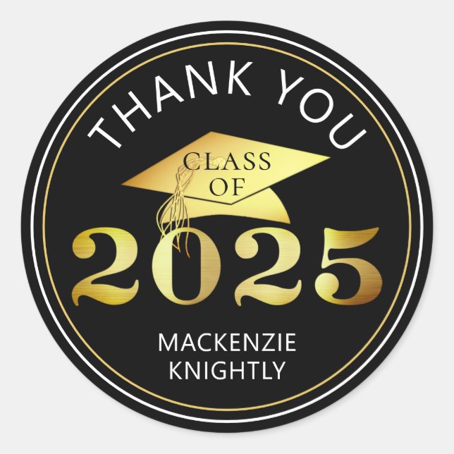 Graduation 2025 Thank You Black Faux Gold Foil Classic Round Sticker (Front)