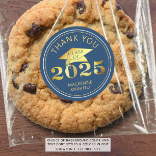 Graduation 2025 Thank You Blue Faux Gold Foil Classic Round Sticker