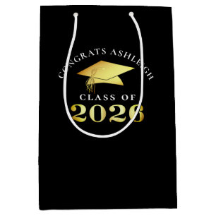 Graduation 2026 Black Gold Congrats Graduate Name Medium Gift Bag