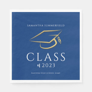 Graduation 2026 Blue Gold Cap Grad Party Paper Napkin
