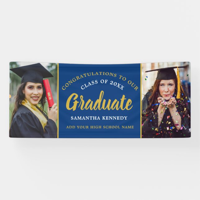 Graduation 2026 Congrats 2 Photo Blue And Gold Banner (Horizontal)