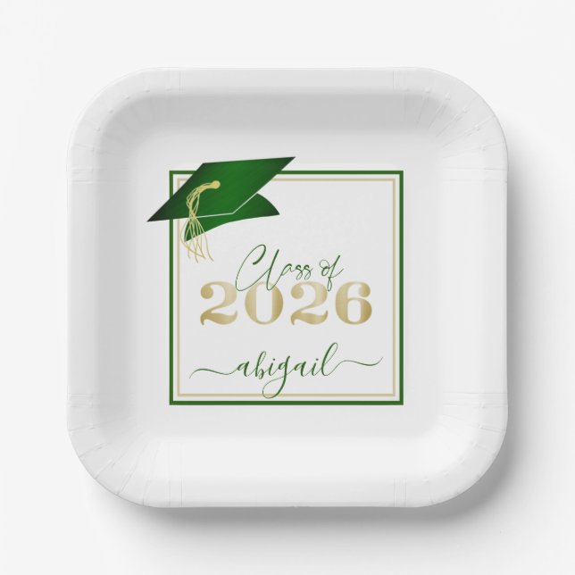 Graduation 2026 Faux Metallic Green Gold Script Paper Plate (Front)