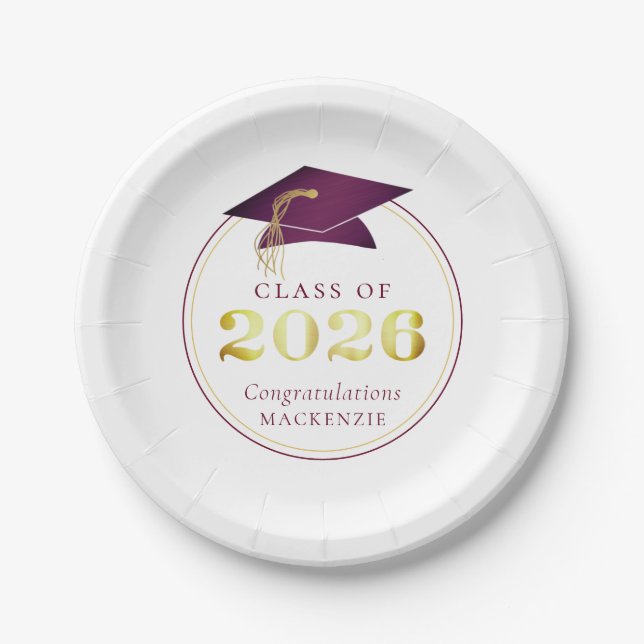 Graduation 2026 Faux Metallic Maroon Gold Paper Plate (Front)