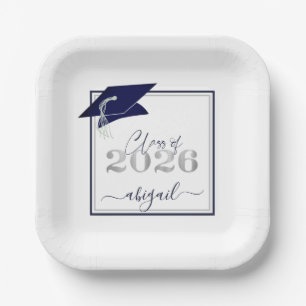 Graduation 2026 Faux Metallic Navy Silver Script Paper Plate