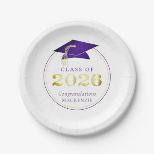 Graduation 2026 Faux Metallic Purple Gold Paper Plate
