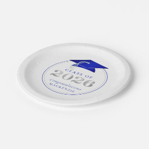 Graduation 2026 Faux Metallic Royal Blue Silver Paper Plate