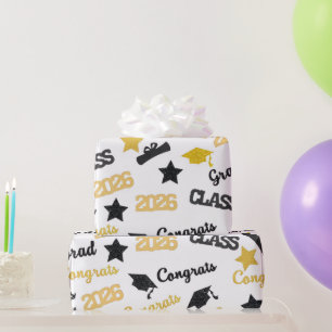 Graduation 2026 Gift Wrap Paper Black Gold Congrat